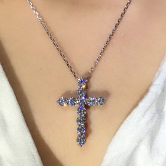 Jewelry - 925 Silver Baguette Round Diamond Cross Necklace